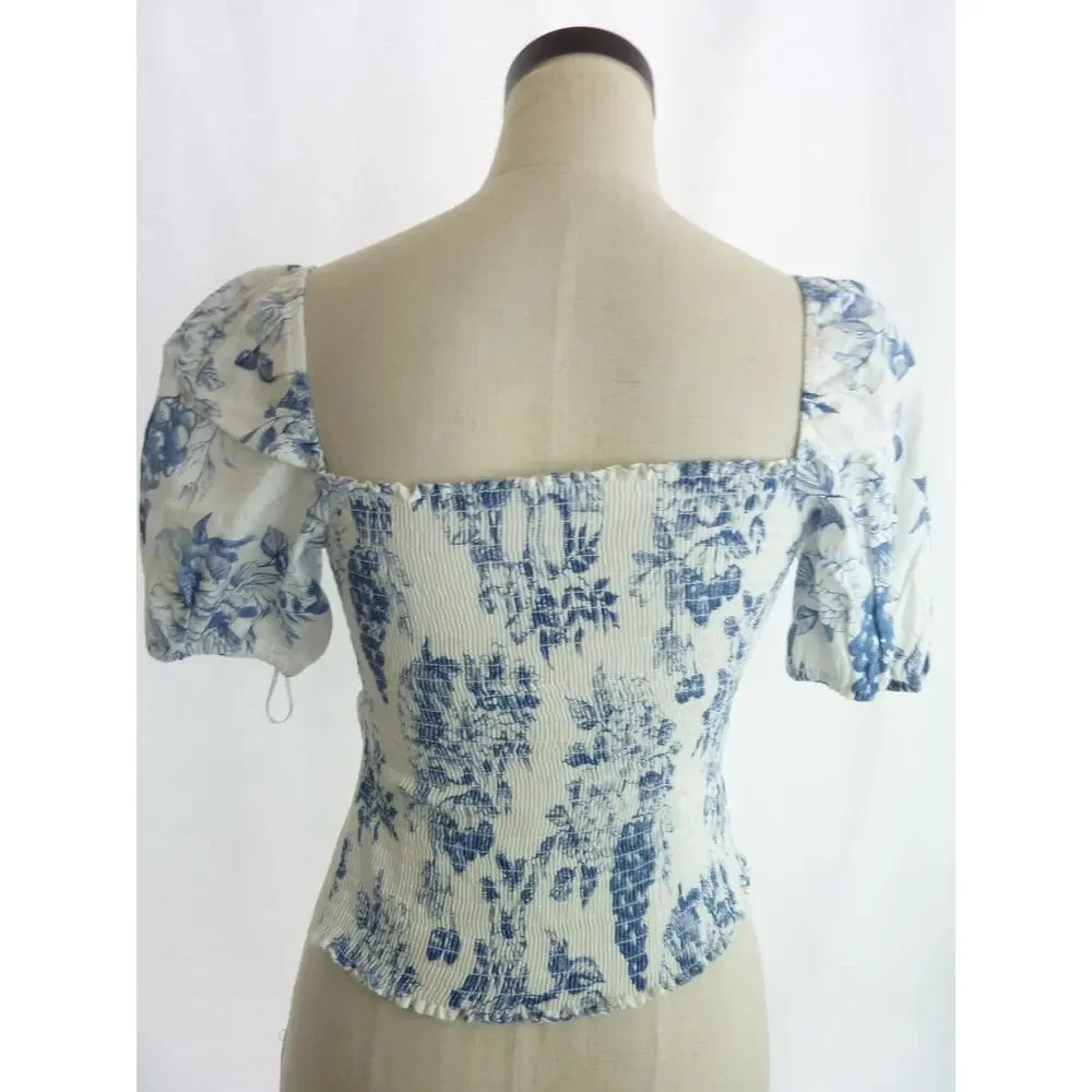 Reformation Rome Linen Top 2 Womens White Blue Floral Grape Blouse Bustier Puff